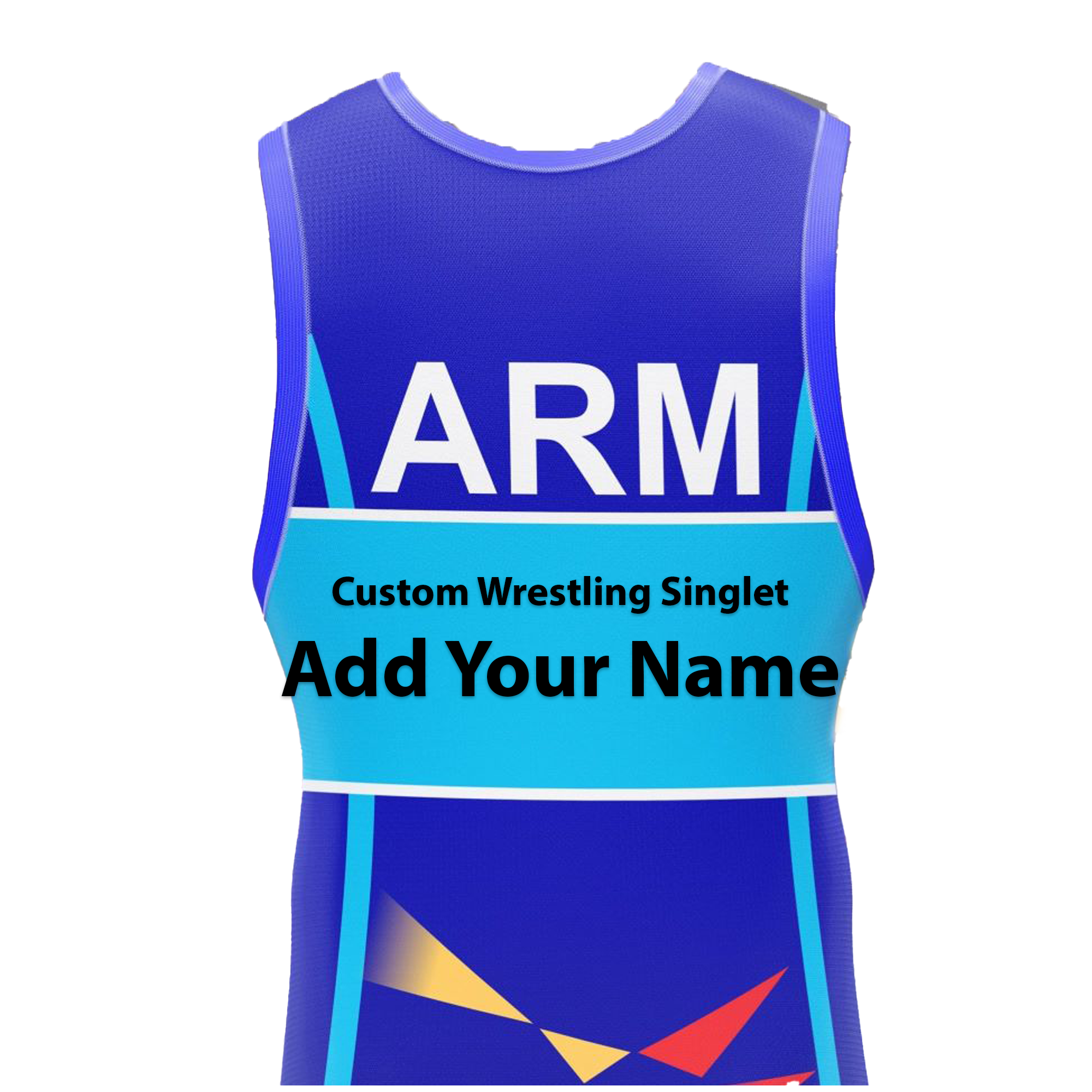 Blue and purple wrestling singlet with customizable text on a white background